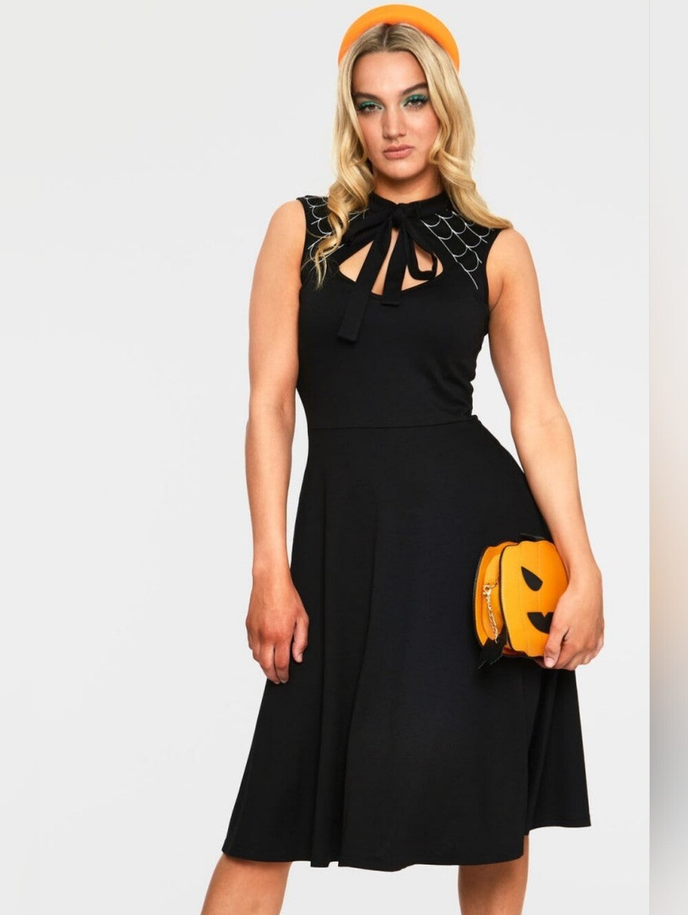 Voodoo Vixen Skye Black Spider Web Detail Tie Neck Dress